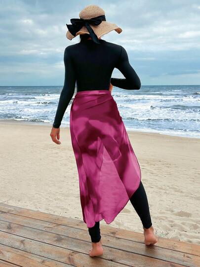 Swim Shayni طقم طويل الأكمام من قطعة واحدة ببنطال وتنورة ملحقة لملابس السباحة للنساء لون سادة