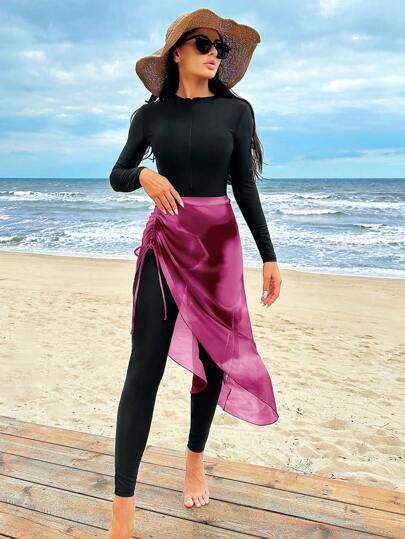 Swim Shayni طقم طويل الأكمام من قطعة واحدة ببنطال وتنورة ملحقة لملابس السباحة للنساء لون سادة