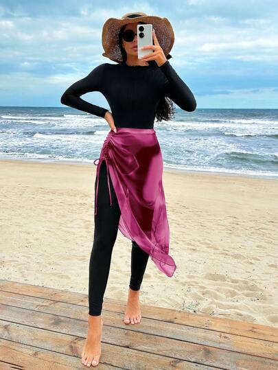 Swim Shayni طقم طويل الأكمام من قطعة واحدة ببنطال وتنورة ملحقة لملابس السباحة للنساء لون سادة