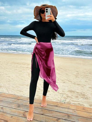 Swim Shayni طقم طويل الأكمام من قطعة واحدة ببنطال وتنورة ملحقة لملابس السباحة للنساء لون سادة