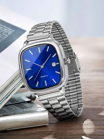 ساعة معدنية فاخرة بسيطة، عصرية، مربعة الشكل مع إظهار التاريخ، مناسبة للرجال والنساء لاستخدامها اليومي، في المناسبات الرسمية والأعياد وعيد الحب، هدية مميزة
