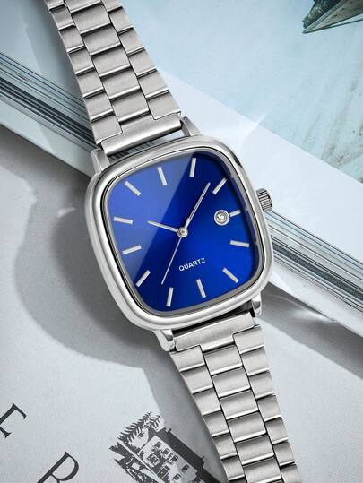 ساعة معدنية فاخرة بسيطة، عصرية، مربعة الشكل مع إظهار التاريخ، مناسبة للرجال والنساء لاستخدامها اليومي، في المناسبات الرسمية والأعياد وعيد الحب، هدية مميزة