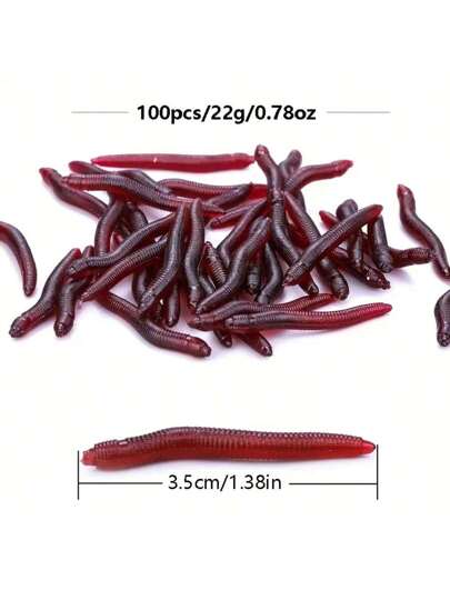 50/100 قطعة من طُعم الطعوم الناعمة، دودة أرضية صناعية، طُعم دودة حمراء معبأة، مناسبة للصيد في المياه المالحة والعذبة