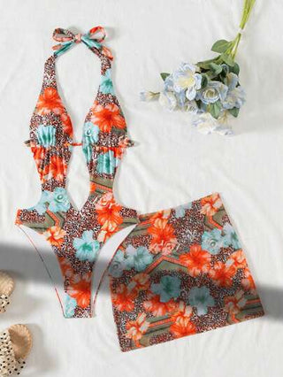 مايوه حريمي قطعة واحدة Swim SXY مجموعة مكونة من تنورة صيفية مطبوعة مناسبة للمرأة قصيرة ملائمة مصنوعة من شبكة + بدلة سباحة أنيقة ذات قطعة واحدة ملائمة ومبسطة، لمناسبة عيد الحب
