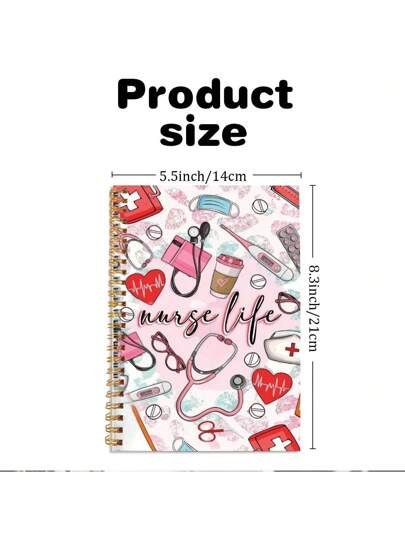 دفتر ملاحظات حلزوني بتصميم طبي بخط القلب والسماعة الطبية، لون وردي مثالي كهدية لممرضة أو كاكسسوار للممرضة في العمل والمدرسة