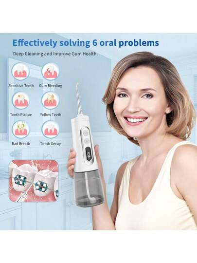 WPOI غسالة أسنان بالماء محمولة، 9 أوضاع، 3 فوهات، رأس فرشاة أسنان واحد، خزان مياه قابل للفصل 300 مل، شاشة عرض ذكية، مقاوم للماء بمعيار IPX7، شاحن USB لا سلكي، منظف أسنان للبالغين للاستخدام المنزلي والسفر، العناية بالأسنان، أبيض