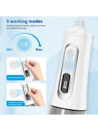 WPOI غسالة أسنان بالماء محمولة، 9 أوضاع، 3 فوهات، رأس فرشاة أسنان واحد، خزان مياه قابل للفصل 300 مل، شاشة عرض ذكية، مقاوم للماء بمعيار IPX7، شاحن USB لا سلكي، منظف أسنان للبالغين للاستخدام المنزلي والسفر، العناية بالأسنان، أبيض