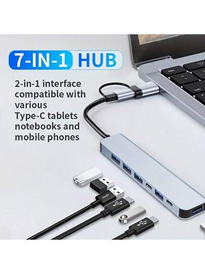موزع USB 7 في 1 ذو واجهة مزدوجة USB-C/USB3.0، موزع USB مع 1 منفذ USB 3.0، 4 منافذ USB 2.0 و 2 منفذ USB-C، للأجهزة الإلكترونية/أجهزة الكمبيوتر المكتبية/الحواسيب المحمولة والملحقات/الأجهزة الطرفية، هيكل من سبيكة الألومنيوم