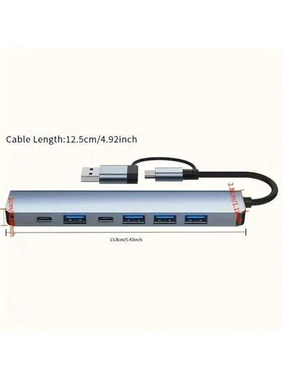 موزع USB 7 في 1 ذو واجهة مزدوجة USB-C/USB3.0، موزع USB مع 1 منفذ USB 3.0، 4 منافذ USB 2.0 و 2 منفذ USB-C، للأجهزة الإلكترونية/أجهزة الكمبيوتر المكتبية/الحواسيب المحمولة والملحقات/الأجهزة الطرفية، هيكل من سبيكة الألومنيوم