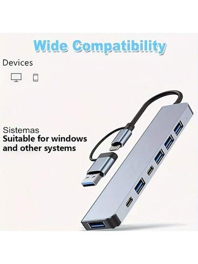 موزع USB 7 في 1 ذو واجهة مزدوجة USB-C/USB3.0، موزع USB مع 1 منفذ USB 3.0، 4 منافذ USB 2.0 و 2 منفذ USB-C، للأجهزة الإلكترونية/أجهزة الكمبيوتر المكتبية/الحواسيب المحمولة والملحقات/الأجهزة الطرفية، هيكل من سبيكة الألومنيوم