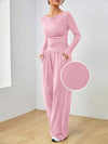 SHEIN EZwear طقم بلوزة بأكمام طويلة وبنطلون كاجوال للنساء في الربيع والخريف
