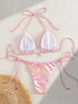 Swim SXY مجموعتان من البيكيني عناق الرقبة للنساء باللون الواحد مع زينة صدفية وربط جانبي للجزء السفلي، ملابس شاطئية صيفية