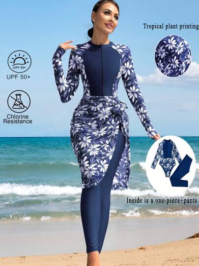 مايوه حريمي قطعة واحدة Swim Mulvari بدلة سباحة متواضعة للمرأة مكونة من 3 قطع، بدون سلك، طبعات زهور عشوائية، ألوان أحادية متناسقة، مع بنطلون وتنورة شبكية