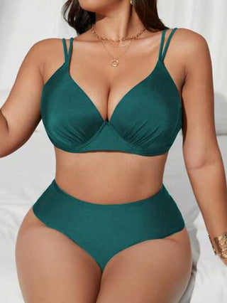 SHEIN Swim Curve قطعتان ملابس سباحة للمرأة ذات الحجم الكبير بنمط ثلاثي مرتفع وقاعدة سلكية، خصر عالي قابل للتعديل، ذات طراز أنيق وأنيق'