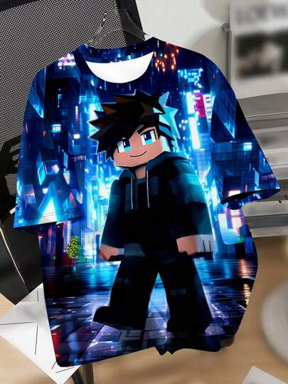 قميص رقبة دائرية بأكمام قصيرة مناسب للصيف لتين بولز - باسم كلاسيكي كاجوال، بطباعة تنقيط برمجي نمط منحرف الحاسوب