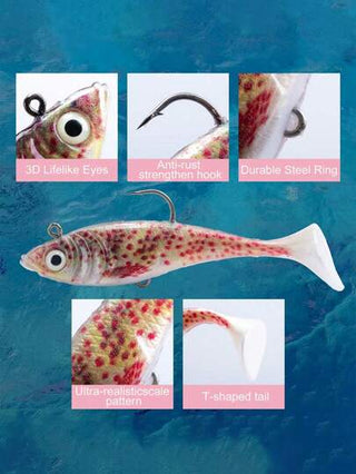 GOTURE جوتشور 5 قطع طعم ناعم ذي ذيل T مطبوع ثلاثي الأبعاد بقلب من الرصاص، له عيون سمكة واقعية، وخطاف قوي الاختراق، وحركة سباحة مستقرة، مناسب لصيد السمك المفترس والقاع