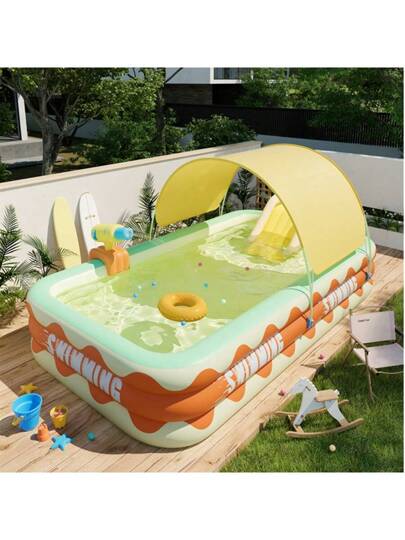 بركة سباحة قابلة للنفخ، بأحجام مختلفة دائرية قابلة للطي، من البي في سي السميك للاستخدام الخارجي، مزودة بنزلقات وألعاب مائية للمرح والتسلية