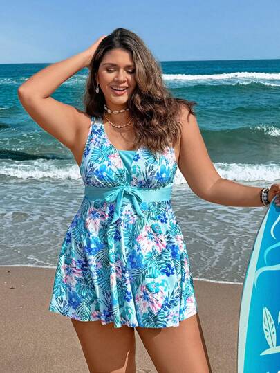 Swim Lushoire امرأة بحجم إضافي مجموعة من قطعتين ملابس علوية بدون أكمام وبنطال، طباعة رقمية عشوائية، فضفاض لأناقة مناسب للشاطئ والمسبح والعطلات