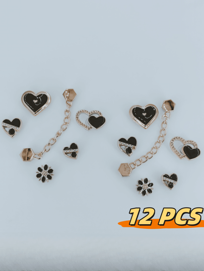 14 قطعة/طقم من سلسلة معدنية وزخارف بلاستيكية شفافة بشكل فراشة وحجارة لامعة لتطعيم الأحذية النسائية، تصميمات قلوب ذهبية وأزهار