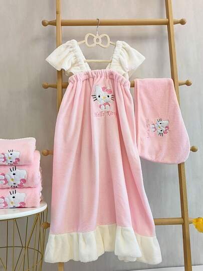 Sanrio قطعة واحدة مجموعة منشفة من القطيفة المرجانية وغطاء شعر مستوحى من شخصية Hello Kitty الكرتونية الجميلة، منشفة استحمام ناعمة وماصة للماء مناسبة لغسل الوجه واليدين، هدية منزلية في علبة هدايا