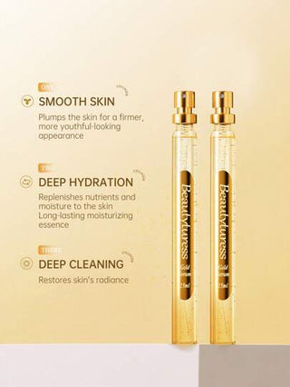 مجموعة الكولاجين الذهبي ذات 6 قطع: 5 زجاجات سيروم ذهبي سعة 15 مل + زجاجة واحدة من خيوط الكولاجين الذهبية 20 حبة. تنعم البشرة وتشدها، تقلل من الخطوط الدقيقة والتجاعيد، مقاوم للشيخوخة، تنير البشرة، ترطب وتنعش، تعزز مرونة البشرة