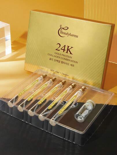 مجموعة الكولاجين الذهبي ذات 6 قطع: 5 زجاجات سيروم ذهبي سعة 15 مل + زجاجة واحدة من خيوط الكولاجين الذهبية 20 حبة. تنعم البشرة وتشدها، تقلل من الخطوط الدقيقة والتجاعيد، مقاوم للشيخوخة، تنير البشرة، ترطب وتنعش، تعزز مرونة البشرة