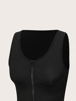 لانجيري حريمي SuitURBody جمبسوت قصيرة بدون أكمام للنساء ذات لون أحادي وزيبر في الرقبة المستديرة ، مُحكمة الملائمة بشكل مثير