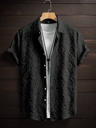 Manfinity Homme قميص رجالي قصير الأكمام ذو لقطة مطبوع بنقشات زهرية ثلاثية الأبعاد على قماش محبوك ثلاثي الأبعاد، مناسب كهدية لأصدقاء وحبيب