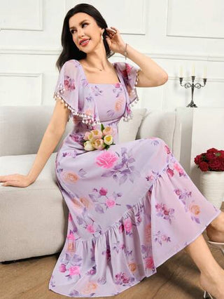Modelyn العيد فستان طويل بأكمام كشكشة رومانسي للنساء في العطلات