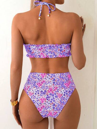 Swim ملابس للنساء في الصيف على الشاطئ ، توب أنبوبي جديد مكشكش وتنسق مجموعة بكيني مع زهور متناثرة واللؤلؤ الديكوري على سحاب