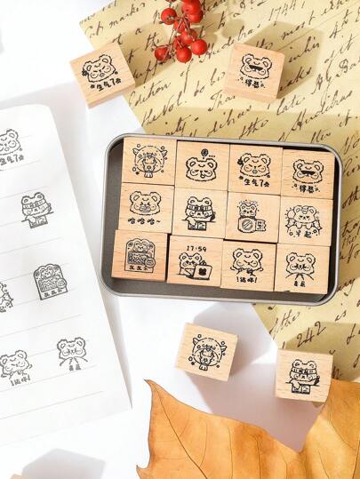 12 قطعة/صندوق طقم ختم خشبي مطبوع بنقوش الدب العتيقة، مجموعة متنوعة من تشكيلات النقشات الحيوانية المسلية للتزيين اليدوي، منقوشة بوضوح على الخشب، مناسبة للمشاريع اليدوية والبطاقات والدفاتر، هدايا فاخرة لللأصدقاء