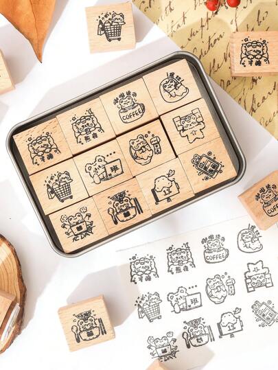 12 قطعة/صندوق طقم ختم خشبي مطبوع بنقوش الدب العتيقة، مجموعة متنوعة من تشكيلات النقشات الحيوانية المسلية للتزيين اليدوي، منقوشة بوضوح على الخشب، مناسبة للمشاريع اليدوية والبطاقات والدفاتر، هدايا فاخرة لللأصدقاء