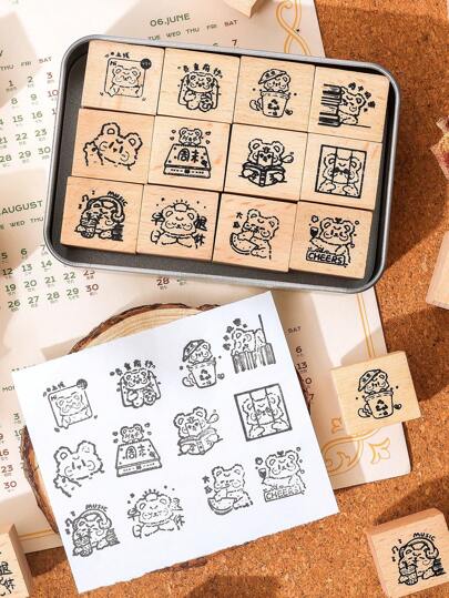 12 قطعة/صندوق طقم ختم خشبي مطبوع بنقوش الدب العتيقة، مجموعة متنوعة من تشكيلات النقشات الحيوانية المسلية للتزيين اليدوي، منقوشة بوضوح على الخشب، مناسبة للمشاريع اليدوية والبطاقات والدفاتر، هدايا فاخرة لللأصدقاء