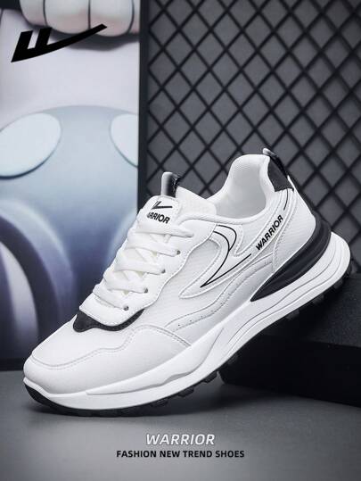 WARRIOR زوج من أحذية رياضية كاجوال بسُمك في الأرضية، وبرباط، قاعدة لينة، أحذية رياضية منخفضة القمة لمشاة خريجي السببة موحد اللون الجذابة اللون ذات أرضية لينة مناسبة للتزلج وأنشطة خارجية، أحذية رياضية جلدية منخفضة القمة للرجال