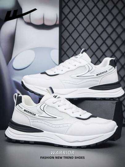 WARRIOR زوج من أحذية رياضية كاجوال بسُمك في الأرضية، وبرباط، قاعدة لينة، أحذية رياضية منخفضة القمة لمشاة خريجي السببة موحد اللون الجذابة اللون ذات أرضية لينة مناسبة للتزلج وأنشطة خارجية، أحذية رياضية جلدية منخفضة القمة للرجال