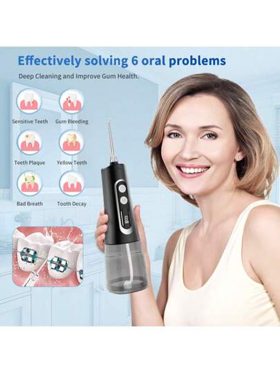 WPOI منظف أسنان محمول للماء مع 9 وضعيات، 3 فوهات، رأس فرشاة واحد، خزان مياه قابل للفصل سعة 300 مل، شاشة عرض ذكية، مقاوم للماء IPX7، قابل للشحن لاسلكي USB، منظف أسنان للبالغين للاستخدام المنزلي والسفر، العناية بالأسنان، باللون الأسود