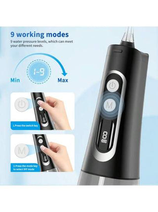 WPOI منظف أسنان محمول للماء مع 9 وضعيات، 3 فوهات، رأس فرشاة واحد، خزان مياه قابل للفصل سعة 300 مل، شاشة عرض ذكية، مقاوم للماء IPX7، قابل للشحن لاسلكي USB، منظف أسنان للبالغين للاستخدام المنزلي والسفر، العناية بالأسنان، باللون الأسود
