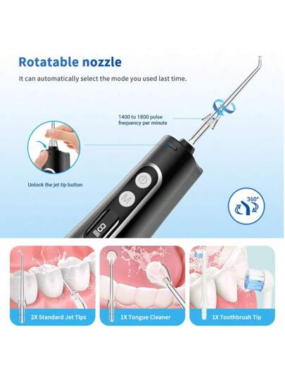 WPOI منظف أسنان محمول للماء مع 9 وضعيات، 3 فوهات، رأس فرشاة واحد، خزان مياه قابل للفصل سعة 300 مل، شاشة عرض ذكية، مقاوم للماء IPX7، قابل للشحن لاسلكي USB، منظف أسنان للبالغين للاستخدام المنزلي والسفر، العناية بالأسنان، باللون الأسود