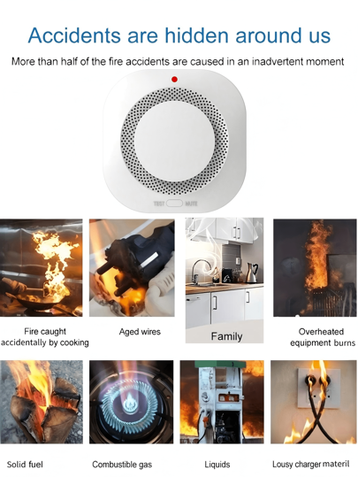 جهاز كشف الدخان اللاسلكي 85ديسيبل مع ضوء إنذار LED ، حساس دخان و حريق ، تحذير لبطارية منخفضة ، زر اختبار/كتم الصوت ، تركيب سهل ، مناسب للمنازل والمستودعات والفنادق والمصانع والمباني التجارية والمكاتب ومراكز التسوق لحماية من الحريق