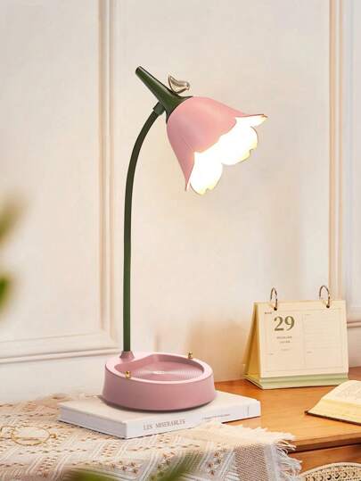 مصباح مكتب ليد حديث، لاسلكي، قابل للضبط، قابل للتعتيم، بلمس، متشحن قابل لإعادة الشحن 1200 مللي أمبير بطارية ليثيوم، يعمل ب USB، بزر تحكم، مزين بالبلاستيك والمعدن ماتي، غطاء اسطواني للمصباح بلون صلب، موضوع الخيال، الشكل الصغير الكيوت، لون أزرق، مع إضاءة لي