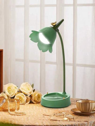 مصباح مكتب ليد حديث، لاسلكي، قابل للضبط، قابل للتعتيم، بلمس، متشحن قابل لإعادة الشحن 1200 مللي أمبير بطارية ليثيوم، يعمل ب USB، بزر تحكم، مزين بالبلاستيك والمعدن ماتي، غطاء اسطواني للمصباح بلون صلب، موضوع الخيال، الشكل الصغير الكيوت، لون أزرق، مع إضاءة لي