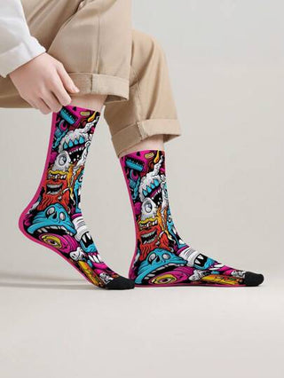 زوج جوارب منتصف الساق مطبوعة بطباعة رقمية ثلاثية الأبعاد 360 درجة، يناسب الجنسين، جوارب مريحة وقابلة للتنفس بطراز الشارع الفني، مناسبة لجميع المواسم، مناسبة للعطلات والهدايا والعطلات
