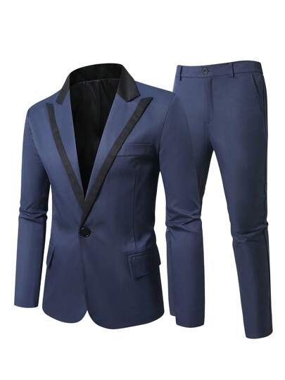 Manfinity Mode بدلة رجالية من قطعتين بالوان مغايرة، جاكيت بياقة متباينة وأكمام طويلة، وبنطلون، مجموعة ملابس رسمية للسفر والعمل للرجال الممتلئين الجسم
