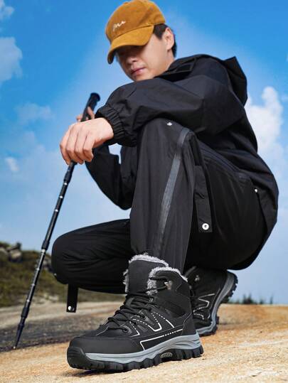 بوت ثلج للرجال، بوت المشي لمسافات طويلة من الجلد/المخمل الاصطناعي مع بطانة، مانعة للانزلاق، دافئة، سهلة التنظيف