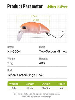 KINGDOM طعم صياد السمك المكون من جزئين للأسماك الصغيرة 2.3 جرام 37 مم عائم، طعم صلب من البلاستيك ABS، معدات صيد سمك اصطناعية صلبة ، طعم الطحن ، معدات صيد الأسماك الصيادة
