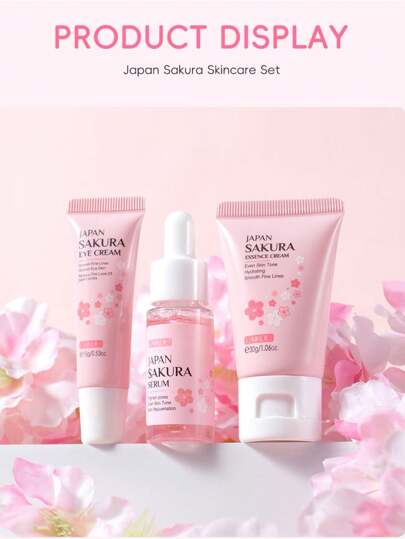 مجموعة هدايا العناية بالبشرة ثلاث قطع من نوع الكرز، مجموعة العناية البيج الفاتح ، تشمل منظف، مستحضر, كريم العين، حقيبة سفر للعناية بالبشرة، هدية عيد الأم ,عيد الحب،عيد ميلاد