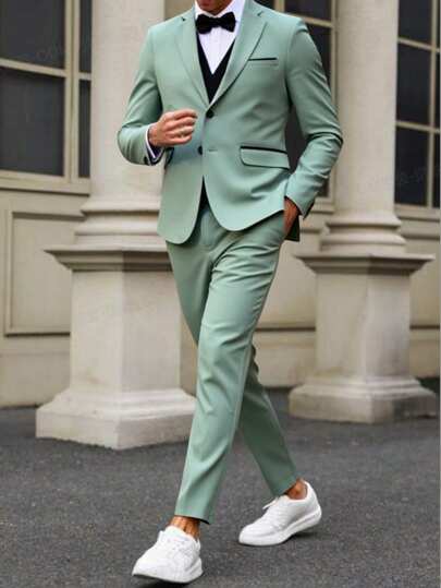 Manfinity Mode بدلة رجالية لون أحادي - بليزر بياقة القصيرة بأكمام طويلة وبنطلون