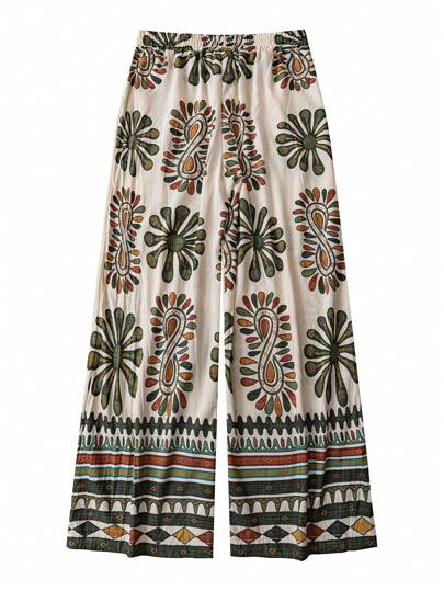 Rusticease بنطلون نسائي بقصة واسعة وأرجل منفرجة، بنمط طباعة كامل، فضفاض وعملي للاستخدام العارضي