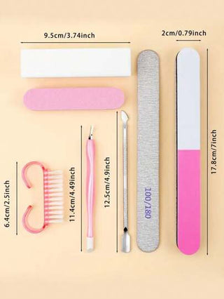 مجموعة 7 قطعة أدوات للعناية بالأظافر، متضمنة: مبرد أظافر خشن وناعم مزدوج الرأس 100/180، شفرة دفع الأظافر، فرشاة تنظيف، إسفنجة صغيرة، كتلة تلميع رباعية الجوانب، مجموعة كاملة لطحن وتلميع الأظافر متعددة الاستخدامات