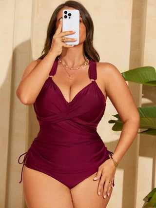 Swim Lushoire بدلة سباحة بالكامل بخطوط متداخلة وأشرطة متقاطعة، مناسبة للسيدات البدينات في فصل الصيف